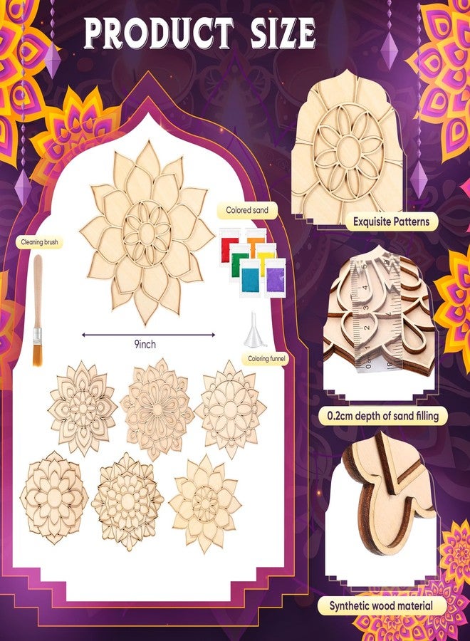 Weekgrat 6 Pcs 9 Inch Diwali Mandala Sand Art Set Reusable Rangoli Mats with Colored Sands Wooden DIY Floral Indian Rangoli Stencils Decorative Plates DIY Crafts for Traditional (Exquisite) - Image 3